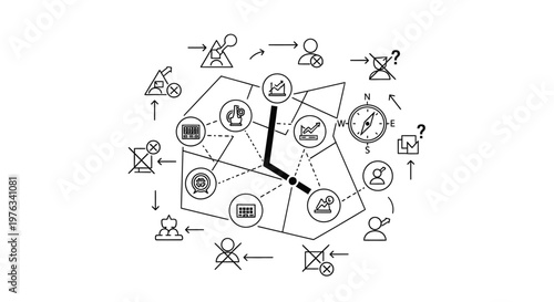 Clockwork icons represent a complex business planning process involving strategic decision making, goal setting, and navigational markers arranged in a circular flow for corporate project management.