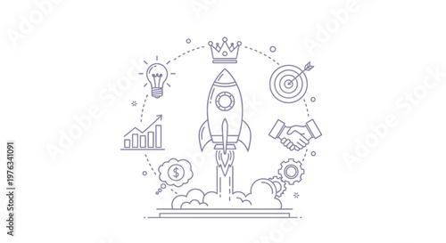 Rocket launching represents rapid business growth and startup success surrounded by strategic icons like targets, financial charts, crowns, handshakes, and innovative light bulbs for corporate.