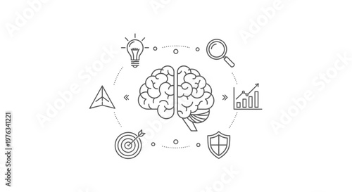 Brain sits at the center of a strategic planning diagram surrounded by icons representing innovation, target goals, data analytics, and security shields for corporate leadership and development.