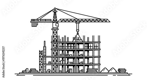 Crane lifts heavy steel beams above the skeletal frame of a multi-story building under construction on a clear day to represent urban development progress and industrial growth in a modern city area.