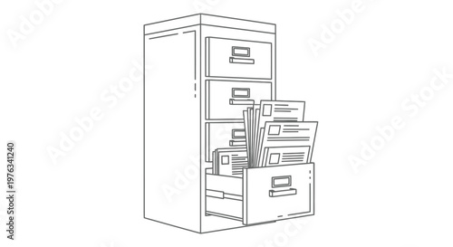 Filing cabinet with an open drawer full of organized documents and paperwork represents traditional record keeping storage solutions for professional offices and administrative business environments.