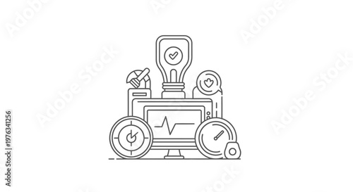 Computer monitor displays a heartbeat line graph surrounded by various productivity icons and circular gauges in a clean line art style representing digital health monitoring or system performance.