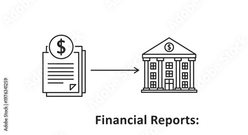 Document stack with a dollar sign icon moves towards a bank building line art illustration to symbolize the submission of financial reports for corporate accounting and banking investment purposes.