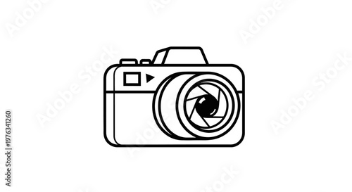 Camera icon displays a detailed mechanical lens shutter in a minimalist line art style, representing professional photography equipment, digital imaging technology, and creative visual media.