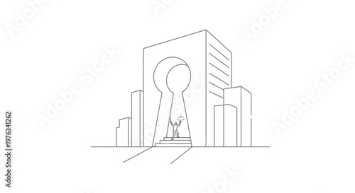 Skyscraper silhouette contains a large keyhole archway where a tiny person stands on stairs, symbolizing professional career advancement, business opportunities, and reaching for corporate success.