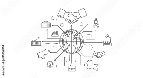 Globe icon features connection lines linking to various industrial, financial, and architectural symbols with a handshake at the top, illustrating global business partnerships and international trade.