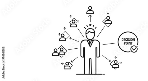 Businessman stands at a central decision point surrounded by various personnel icons and directional arrows to visualize the complexity of organizational leadership and human resource management.