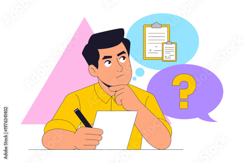 A man thinking and writing with a puzzled expression, surrounded by thought bubbles and question marks