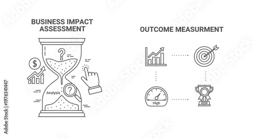 Hourglass symbol displaying an assessment process with a magnifying glass and hand icon paired with outcome measurement indicators like targets and trophies for performance analysis and business.