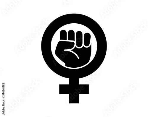 A feminist symbol with a raised fist in a circle on a female sign