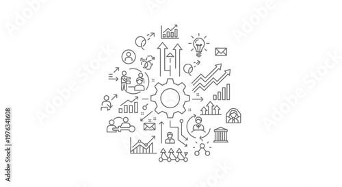 Gear symbol acts as the core component in this detailed organizational chart illustration representing team collaboration, workflow efficiency, and data driven decision making for corporate success.