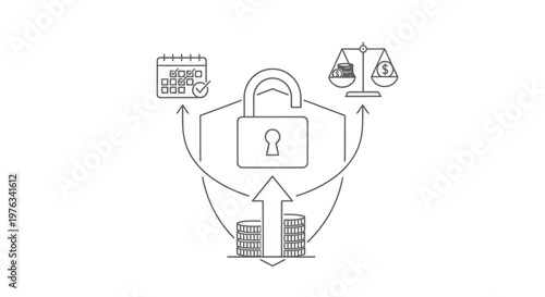 Padlock icon appears prominently within a protective shield graphic that symbolizes financial security, investment balance, and the scheduled growth of monetary assets in a modern business context.