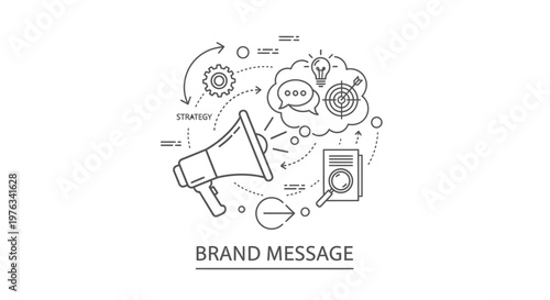 Megaphone icon serves as a central element in this business communication graphic that illustrates various strategic marketing processes and analytical concepts for corporate brand message.