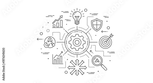 Gear icon acts as a central hub connected to various symbols representing innovation, analytics, and strategy to demonstrate the integrated nature of modern industrial and corporate operations.