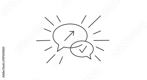 Speech bubbles featuring an upward arrow and a checkmark symbol radiate outward to communicate the successful achievement of goals and the clear exchange of positive feedback in a conversation.