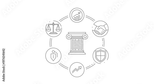 Pillar stands centered in a circular diagram surrounded by icons representing justice, growth, partnership, and security to illustrate the foundational values of a stable and successful organization.