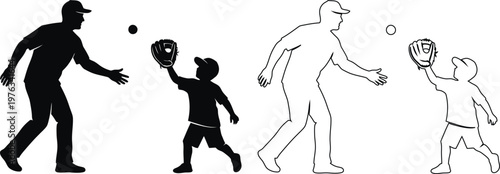 Two Illustrations Showing Adult Teaching Child Baseball Catching Techniques