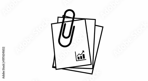 Paperclip holds together a small stack of white documents featuring a business growth chart icon to visually represent the organized collection of corporate financial records for professional.