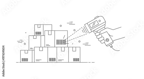 Warehouse management involves a hand holding a barcode scanner directed at a stack of cardboard shipping containers to track inventory movement efficiently within a busy modern logistics facility.