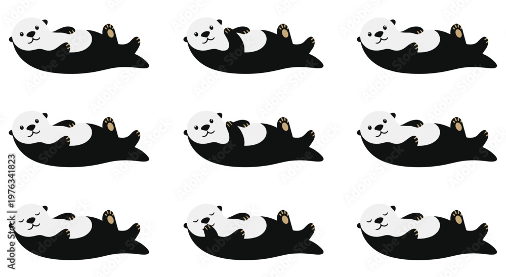 Fototapeta premium Adorable black and white sea otter mascot collection showing different expressions. Minimalist animal drawing of marine mammals swimming on water for wildlife education design.
