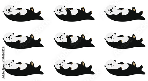 Adorable black and white sea otter mascot collection showing different expressions. Minimalist animal drawing of marine mammals swimming on water for wildlife education design.