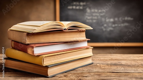 Handwritten Notes on Chalkboard with Open Books and Wooden Desk Background