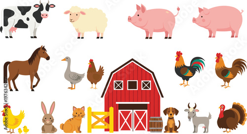 Farm Animal and Barn Illustration Set Featuring Cow, Pig, Sheep, Horse, Chicken, Dog, Cat, Turkey, and Rural Agriculture Elements for Farming Design
