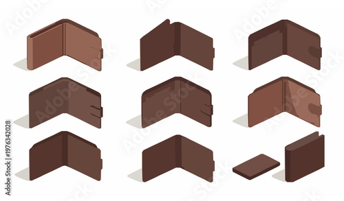 Isometric men wallet icon collection flat leather purse styles isolated on white background vector set