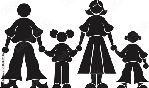 Black silhouette family of four holding hands walking together in unison backwards