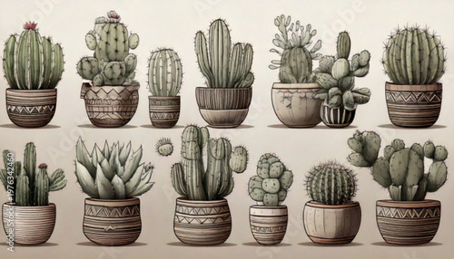 Collection of Potted Cacti and Succulents Various Shapes and Sizes.