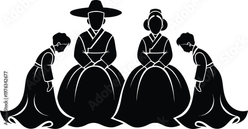 Traditional Korean family in hanbok bowing in respect and harmony together