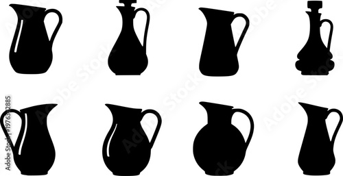 Water jug icon. Set of different silhouettes of decanter. Symbols of pitcher of water.