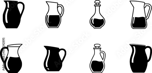 Water jug icon. Set of different silhouettes of decanter. Symbols of pitcher of water.