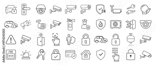 Security icon set with surveillance cameras locks access control fire safety and protection symbols