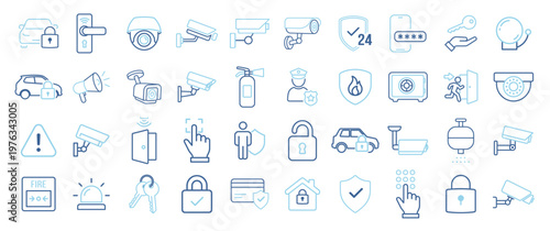 Security icon set with surveillance cameras locks access control alarm and protection symbols