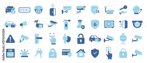 Security icon set with filled surveillance cameras locks access control fire safety and protection symbols