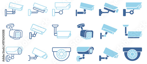 Security camera icon set in outline and solid styles with cctv surveillance variants