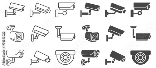 Security camera icon set in outline and solid styles with cctv surveillance variants