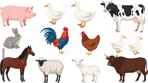 Farm Animal Icon Set Featuring Cow, Pig, Sheep, Goat, Horse, Chicken, Duck, Rooster, and Rabbit for Agriculture, Livestock, and Rural Design