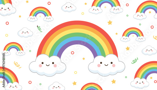 Vector illustration of colorful rainbows with smiling clouds, stars and decorative playful elements