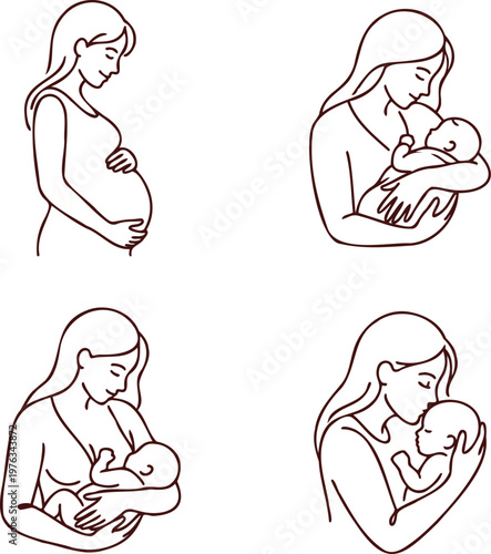 Line art depicting stages of motherhood: pregnancy and newborn care with motherhood maternity pregnancy nurturing parenting gestation