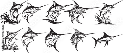 Jumping Marlin and Sailfish Silhouette, Dynamic Black and White Marlin Sailfish Jumping Silhouette, Billfish Mascot for Sportfishing, Powerful Billfish Marlin Sailfish Jumping