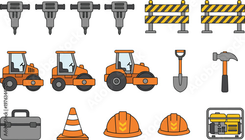 Vector illustration of construction equipment and tools including jackhammers, vehicles, toolbox, helmets and generator
