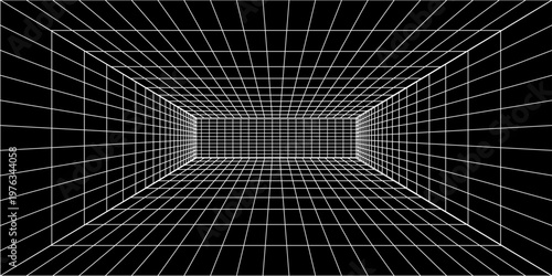 Futuristic perspective grid box. Abstract wireframe with white grid line on black background. Virtual reality landscape in 80s 90s digital style. Vector