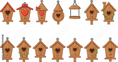Vector illustration of decorative wooden birdhouses with heart openings, colorful roofs, vines and creative designs