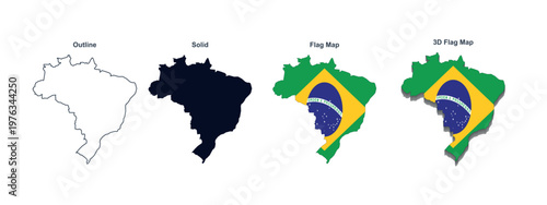 Brazil map and flag design collection featuring outline solid and 3d dimensional graphics