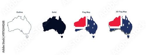 Australia map and flag vector set including outline solid and three dimensional variations