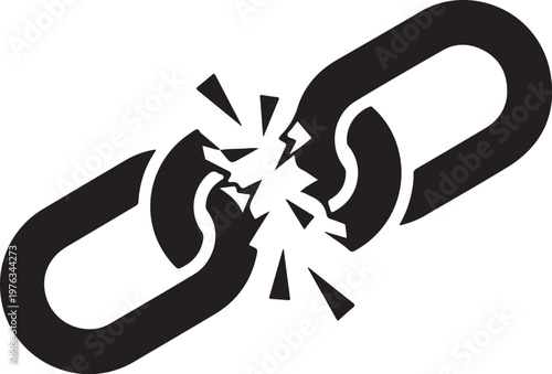 Broken chain link, cracked chain icon, black vector graphic, broken link symbol