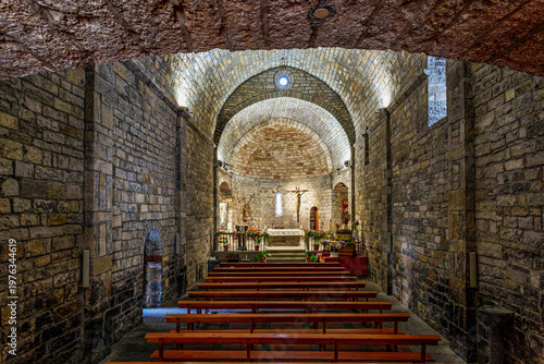 Interior of the Romanesque Holy Mary Church, Iglesia de Santa Maria in Ainsa, Spain. Pyrenean village in Huesca