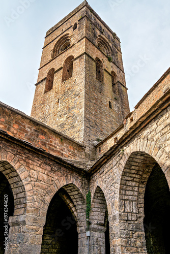 Romanesque Holy Mary Church, Iglesia de Santa Maria in Ainsa, Spain. Pyrenean village in the province of Huesca